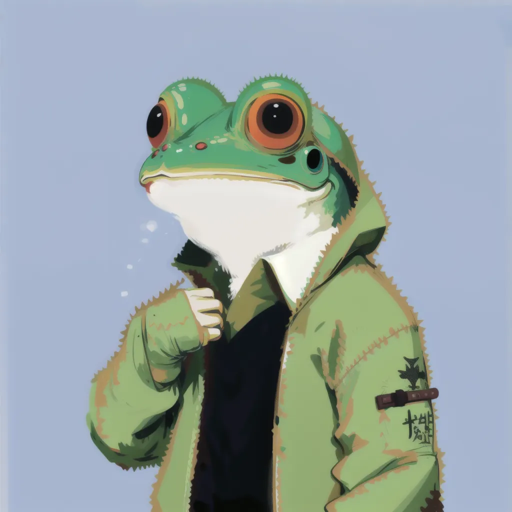 This image shows a humanoid frog wearing a green jacket. The frog is standing on its hind legs and has its front legs in its pockets. It has a smug expression on its face and is looking at the viewer. The frog is wearing a black shirt and has a patch on its jacket that appears to be a leaf.