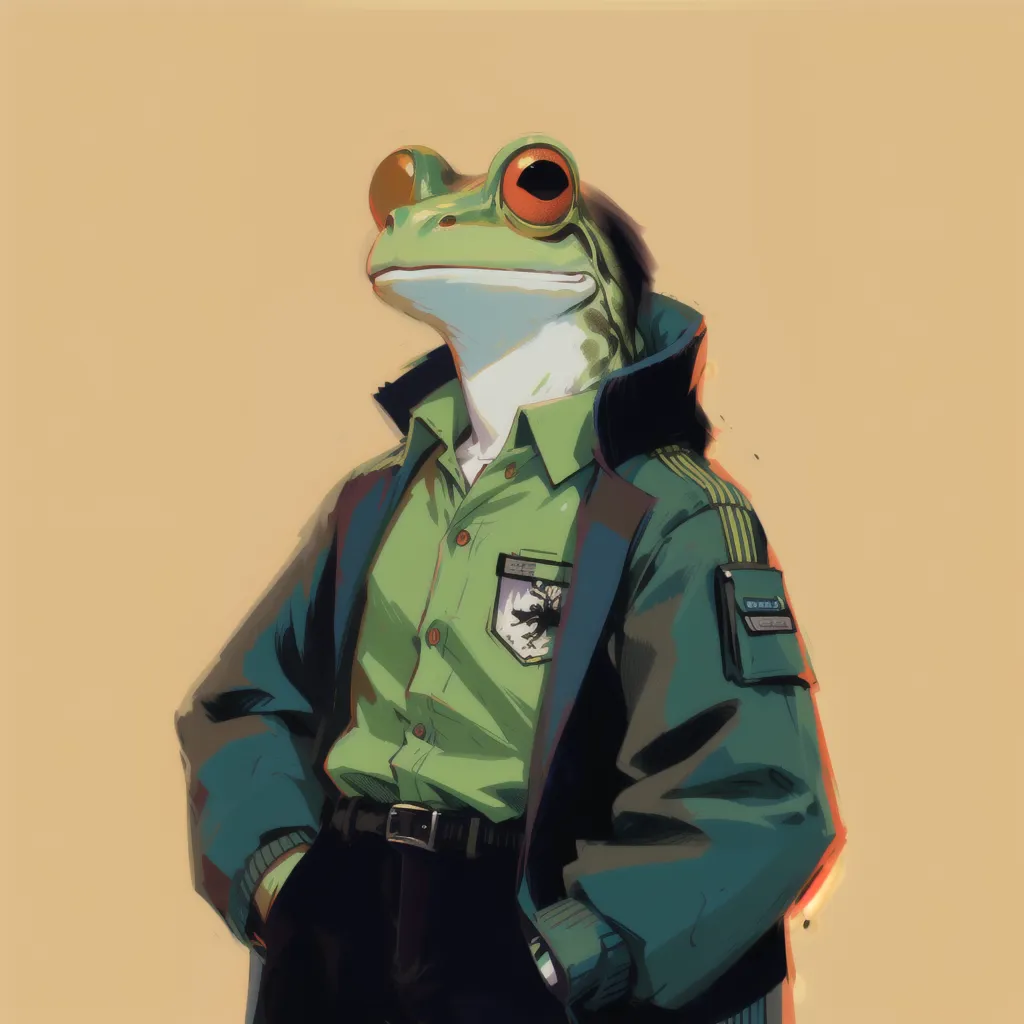 The image shows a humanoid frog wearing a shirt, jacket, and pants. The frog is standing with its hands in its pockets and has a confident expression on its face. The background is a solid color with a gradient from light yellow at the top to dark yellow at the bottom.