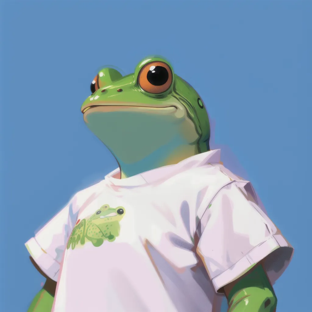 The image is a digital painting of a humanoid frog. It is wearing a white shirt with a pattern of two frogs on it. The frog has large, round eyes and a wide mouth. Its skin is a light green color, and its shirt is white. The frog is standing against a blue background, and it is looking at the viewer with a curious expression.