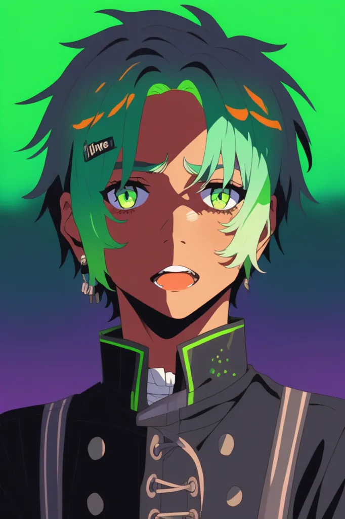 This is a picture of a young man with green hair and eyes. He is wearing a black shirt with green and white details. He has a surprised expression on his face. The background is purple and green.