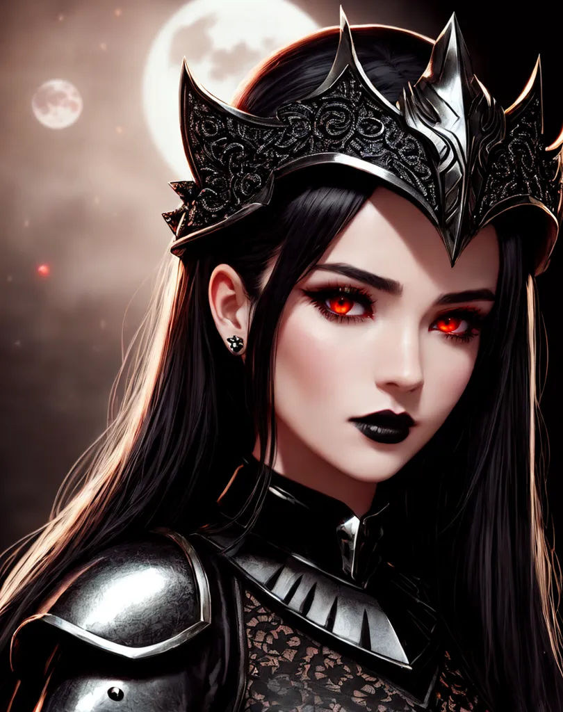 This is an image of a woman with long black hair, red eyes, and a dark crown on her head. She is wearing a black and silver armor. The background is a dark red and black. The woman has a serious expression on her face.