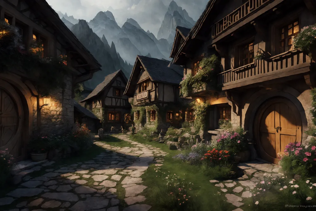 The image is a digital painting of a small village in the mountains. The village is made up of several small houses, all of which are built with stone and wood. The houses have steep roofs to help shed the snow, and they are all surrounded by flowers and plants. The village is located in a valley, and there are mountains in the background. The sky is blue, and there are some clouds in the distance. The image is peaceful and serene, and it depicts a beautiful mountain village.