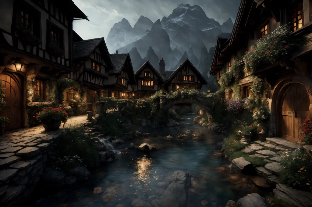 The image is a streetscape of a fantasy village. The village is located in a valley between two mountains. The houses are built with dark wood and have steep roofs. The streets are made of cobblestone. There is a river running through the middle of the village. The river is spanned by a bridge. There are trees and flowers on both sides of the river. The sky is cloudy and there is a mist in the air. The image is in a dark and moody style.