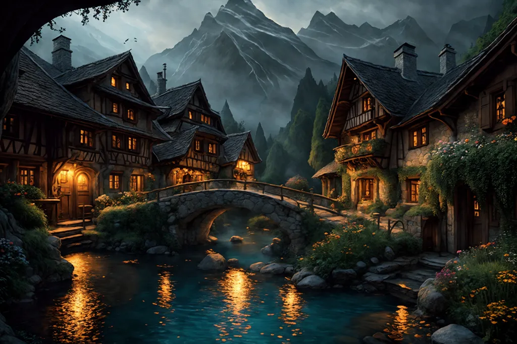 The image is a beautiful landscape of a mountain village. The village is located in a valley and is surrounded by snow-capped mountains. A river runs through the village and there is a bridge over the river. The houses in the village are made of wood and have steep roofs. There are trees and flowers along the riverbank. The sky is dark and cloudy and there is a mist in the air.