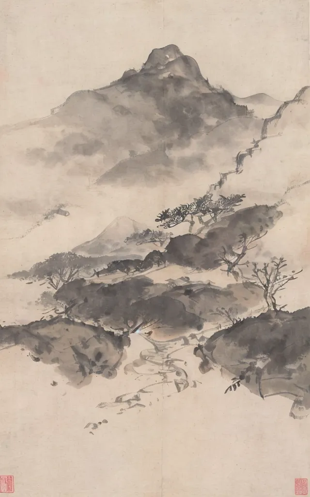 The image is a Chinese landscape painting in the style of the Song dynasty. It is a vertical scroll, and the main feature is a large mountain in the center of the composition. The mountain is surrounded by smaller hills and trees, and there is a river running through the foreground. The painting is done in ink and wash, and the artist has used a variety of brushstrokes to create the different textures of the mountains, trees, and water. The painting is also very atmospheric, and the artist has used a variety of techniques to create the sense of depth and distance.