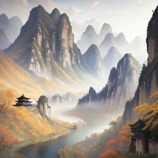 The image is a beautiful landscape painting in the style of Chinese山水画 (shanshuihua). It depicts a winding river flowing through a valley between tall, misty mountains. The mountains are covered in lush green trees, and there are a few buildings on the banks of the river. The painting is done in a realistic style, and the artist has used a variety of techniques to create a sense of depth and atmosphere. The overall effect is one of peace and tranquility.