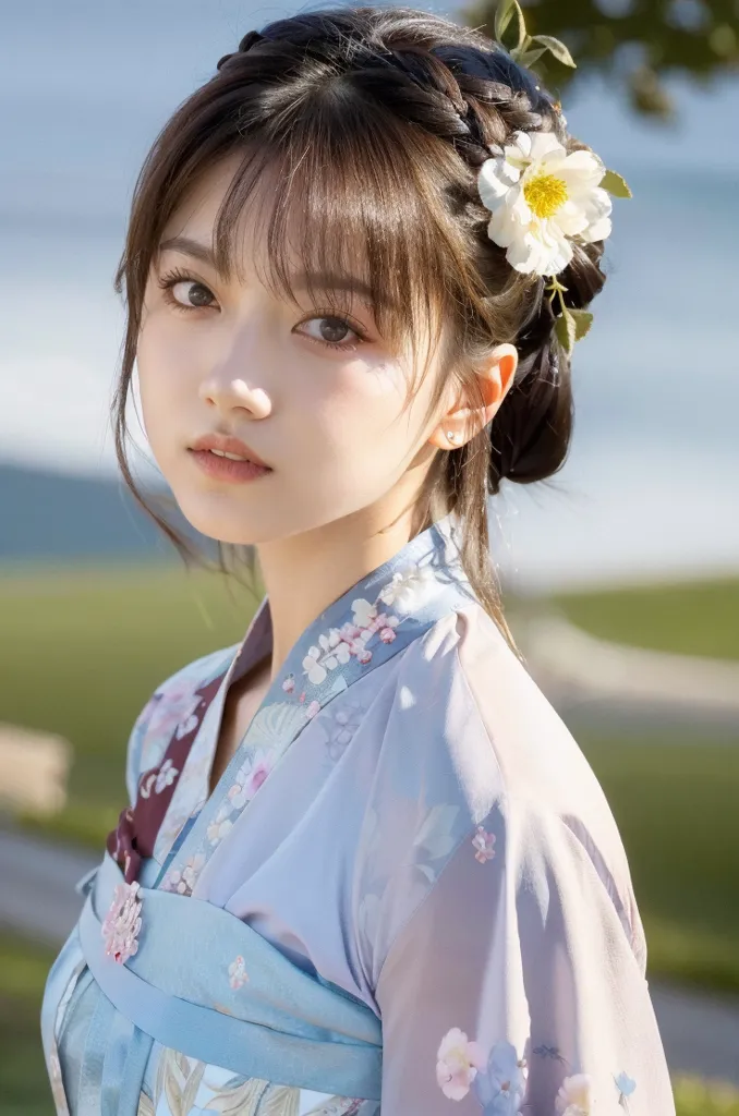 The image shows a young woman in a blue and white floral kimono. She has long dark hair with bangs and a white flower in her hair. She is looking at the camera with a serious expression. The background is blurred and looks like a park.