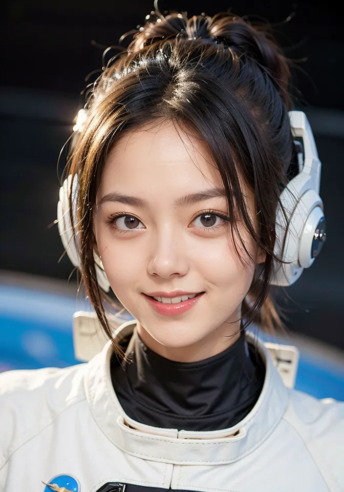 Esta es una imagen de una niña joven con cabello oscuro y ojos marrones. Ella está usando un traje espacial blanco con una camiseta de cuello alto negra por debajo. También está usando un par de auriculares blancos. El fondo es azul oscuro con un círculo azul brillante en el centro. La niña está sonriendo y mirando a la cámara.