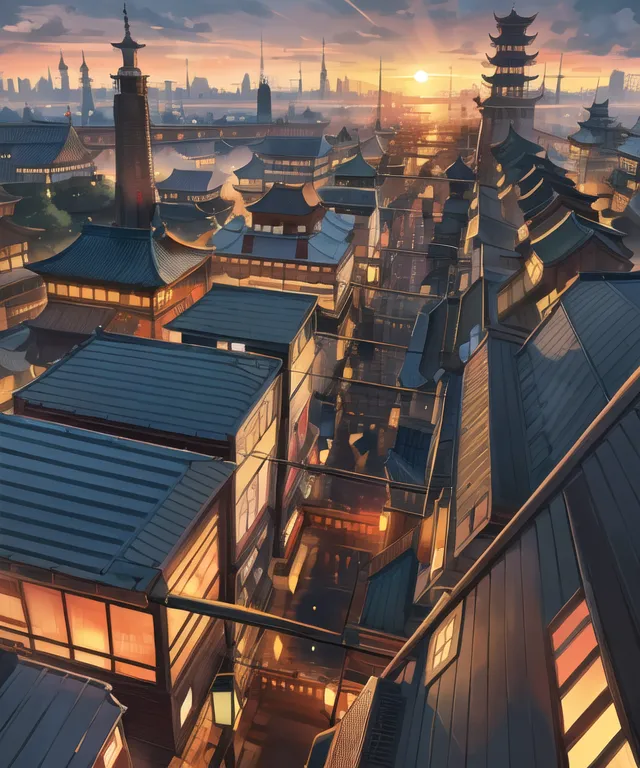 The image shows a traditional Japanese city during the Edo period. The city is full of wooden houses and shops, and there are people walking around in traditional Japanese clothing. The sun is setting, and the sky is a deep orange color. The city is bustling with activity. There are people walking around, talking, and laughing. The shops are open, and people are buying and selling goods. The city is a vibrant and lively place.