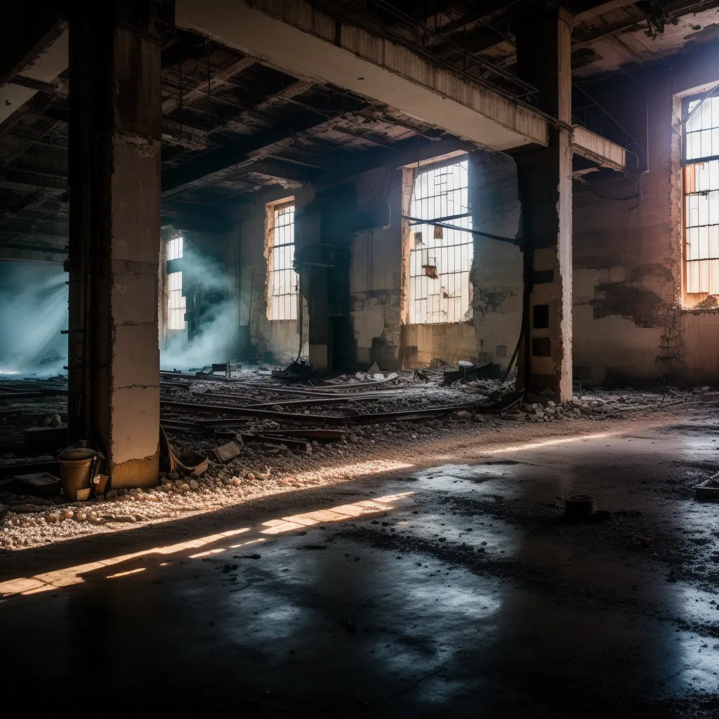 The image is an interior of an abandoned industrial building. The building is in ruins, with broken windows, collapsed walls, and debris scattered on the floor. There is a large hole in the roof, and sunlight is streaming in from outside. The scene is dark and dusty, and the air is filled with the smell of decay.