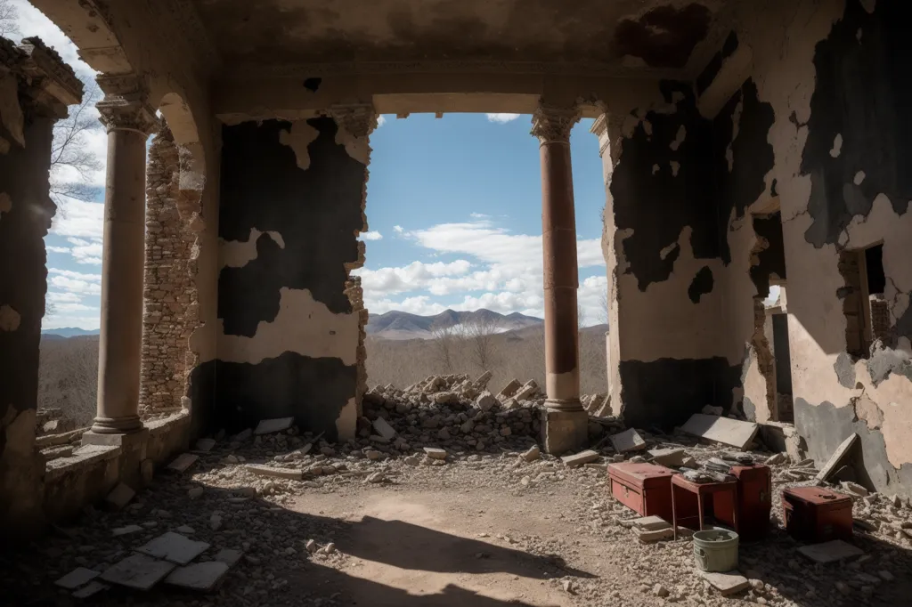 The image shows the interior of a ruined building. The building has a large hole in the roof, and the walls are cracked and damaged. There are several broken columns, and the floor is covered in rubble. There is a large window in the back wall of the building, and a blue sky can be seen outside. There are also some trees and mountains in the distance.