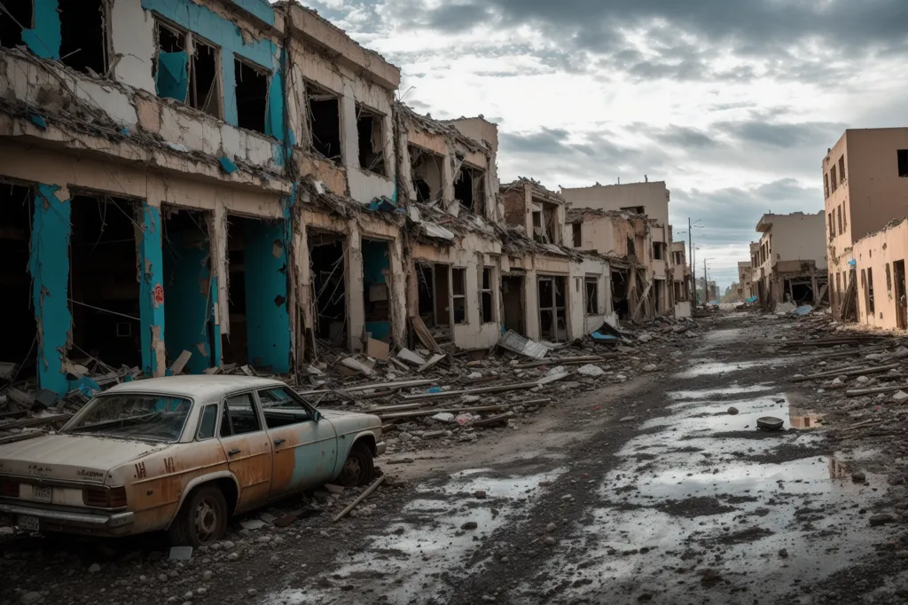 The image shows the aftermath of an urban war. The buildings are heavily damaged, with many of them reduced to rubble. The streets are littered with debris, and there is a burned-out car in the foreground. The sky is dark and cloudy, and the scene is one of devastation and despair.