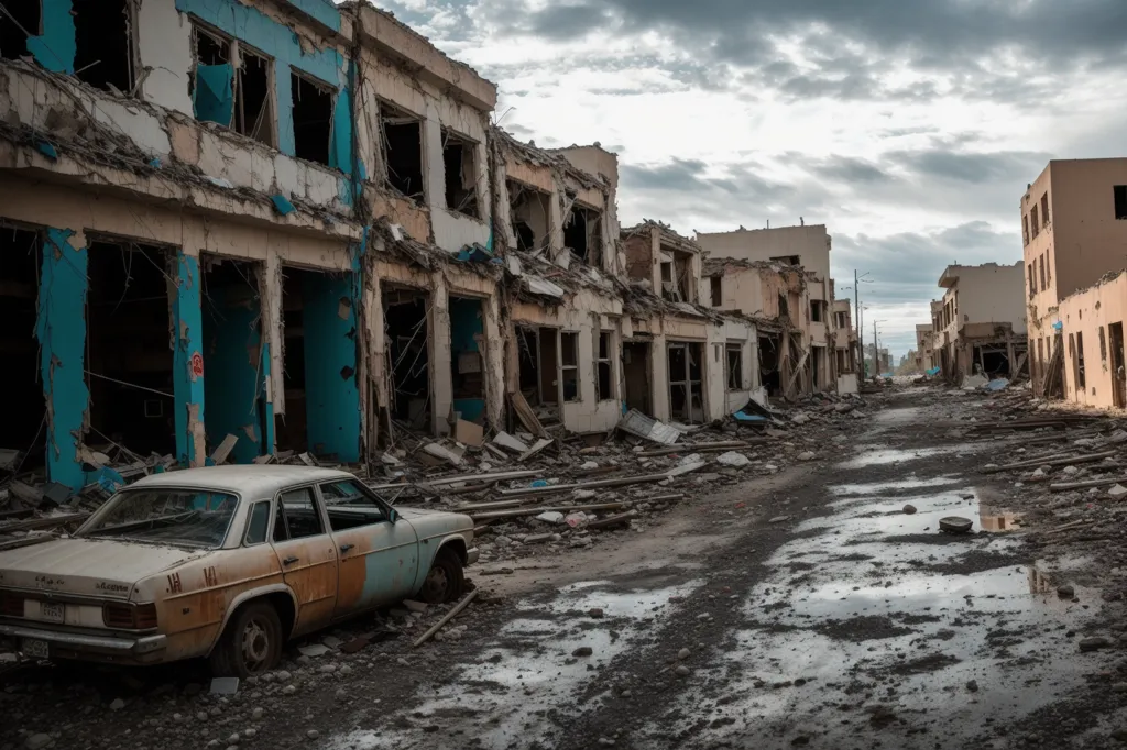 L'image montre les conséquences d'une guerre urbaine. Les bâtiments sont gravement endommagés, avec beaucoup d'entre eux réduits en ruines. Les rues sont jonchées de débris, et il y a une voiture brûlée au premier plan. Le ciel est sombre et nuageux, et la scène est une de dévastation et de désespoir.