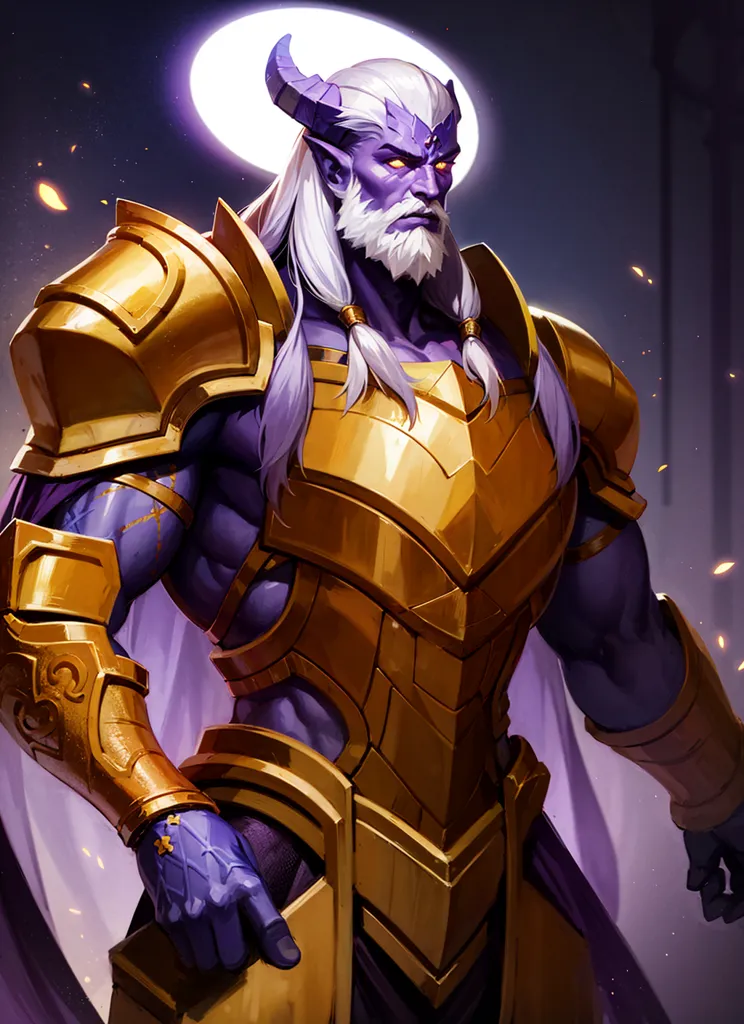 The image shows a muscular figure with purple skin and white hair. He is wearing golden armor and has a glowing white halo above his head. He is standing in a dark background with a few orange sparks around him.