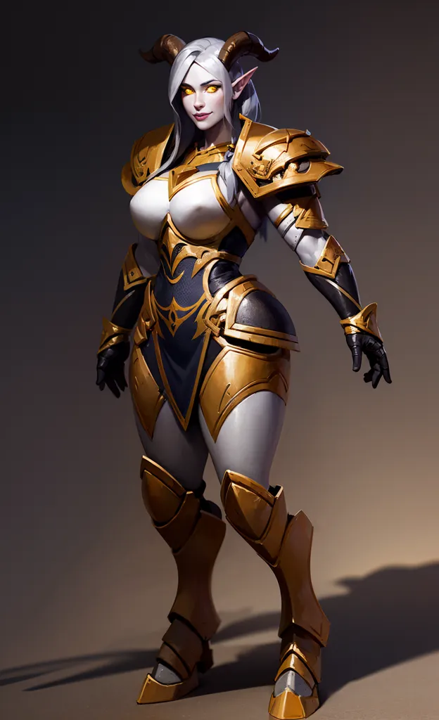 The image shows a tall, muscular woman with pale skin and white hair. She is wearing a golden breastplate with a white undershirt, and a matching golden helmet with two large horns pointing upwards. She is also wearing dark grey shoulder pads, and dark grey and gold gauntlets. She has a serious expression on her face, and is looking at the viewer with her piercing blue eyes.