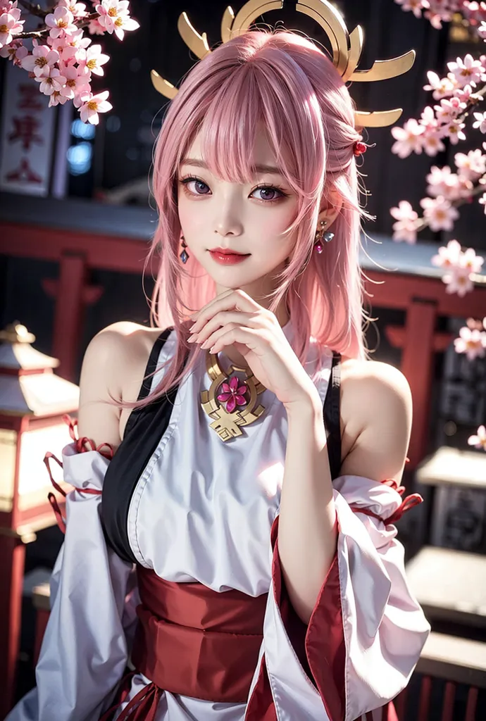 The image shows a young woman with pink hair and purple eyes. She is wearing a white and red kimono with a pink obi. She has a flower hairpin in her hair and a necklace with a pink gem on it. She is standing in a garden with cherry blossoms. The background is blurred, but it looks like there is a building behind her. The woman is looking at the camera with a slight smile on her face.