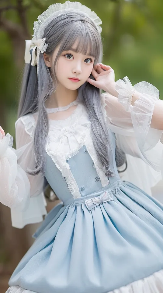 The picture shows a young girl with long silver hair and blue eyes. She is wearing a blue and white dress with a white lace collar and a big bow on the chest. The dress has long sleeves. The girl is standing in a forest and there are trees and green grass around her.