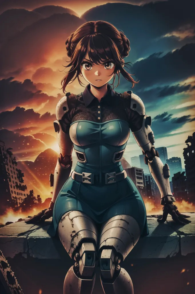 This is an illustration of a young woman sitting on a ledge in a ruined city. She has brown hair tied in a bun, and is wearing a blue dress with a white collar. She is also wearing a number of mechanical limbs, including a left arm, both legs, and part of her right arm. The city in the background is in ruins, with buildings destroyed and smoke rising from fires. The sky is dark and cloudy, with a hint of orange light shining through.