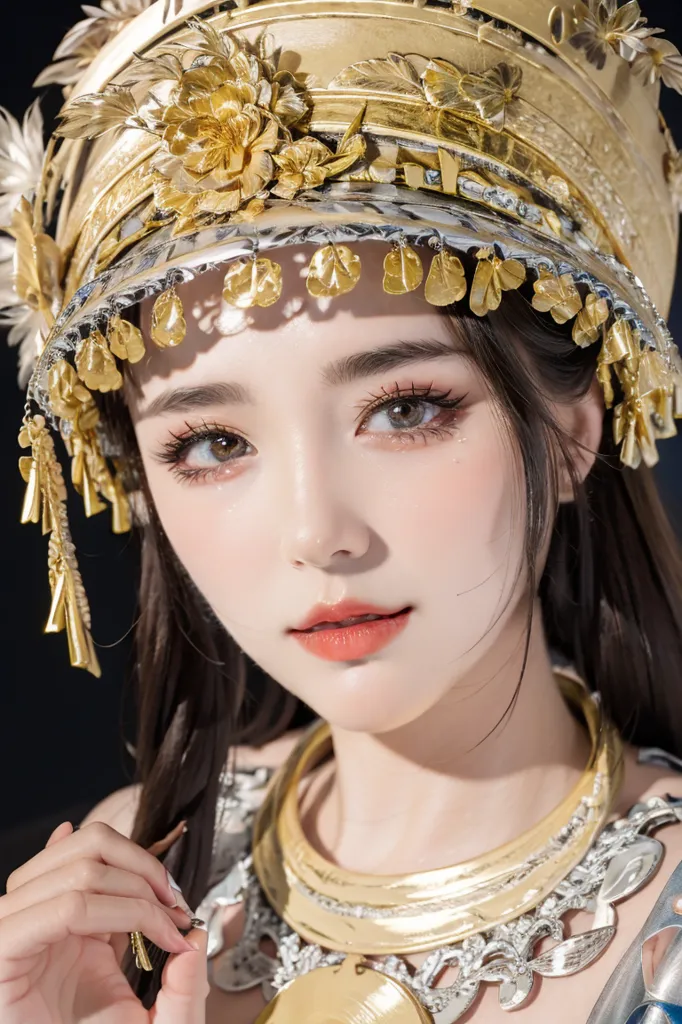 Ini adalah gambar seorang wanita muda, mungkin di akhir belasan atau awal dua puluhan tahun. Dia memiliki rambut panjang dan gelap serta mata coklat muda. Dia mengenakan hiasan kepala tradisional Tiongkok dan kalung yang terbuat dari emas dan perak. Hiasan kepalanya dihiasi dengan bunga dan daun, serta ada anting-anting panjang yang menggantung. Riasan wajahnya natural, dengan sedikit blush dan lipstik berwarna merah muda. Dia menatap kamera dengan senyum tipis.