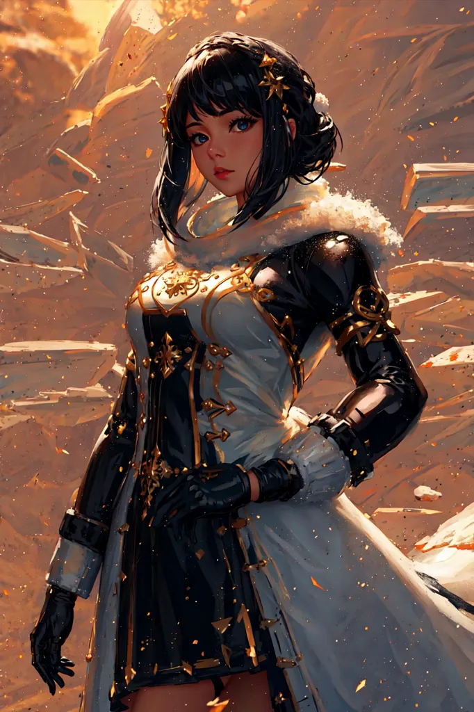 The image is of a young woman with long black hair and blue eyes. She is wearing a white and black dress with gold trim. The dress has a high collar and long sleeves. She is also wearing a white cape with a fur trim. She is standing in front of a stone wall. There are large rocks and boulders all around her. The ground is covered in snow. The sky is orange and the sun is setting.