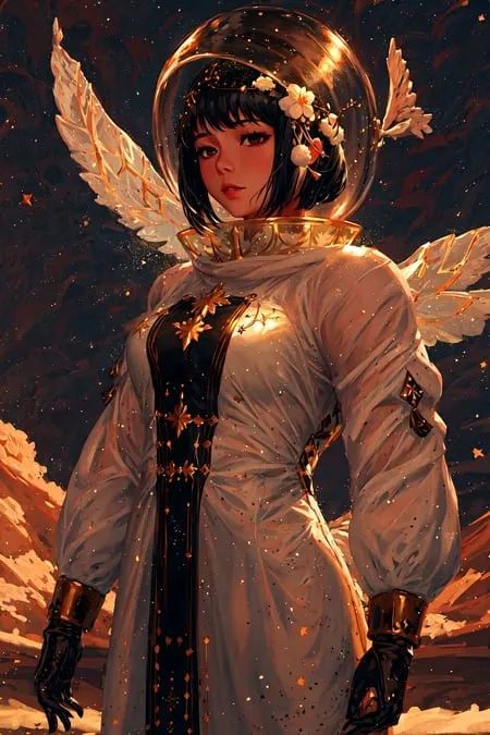 Esta é uma imagem de uma jovem mulher usando um traje espacial com asas de anjo. Ela tem cabelos curtos e pretos e olhos castanhos. O traje espacial é branco com detalhes dourados e tem um capacete de bolha transparente. Ela está em pé em um planeta rochoso com um céu estrelado e duas luas ao fundo.