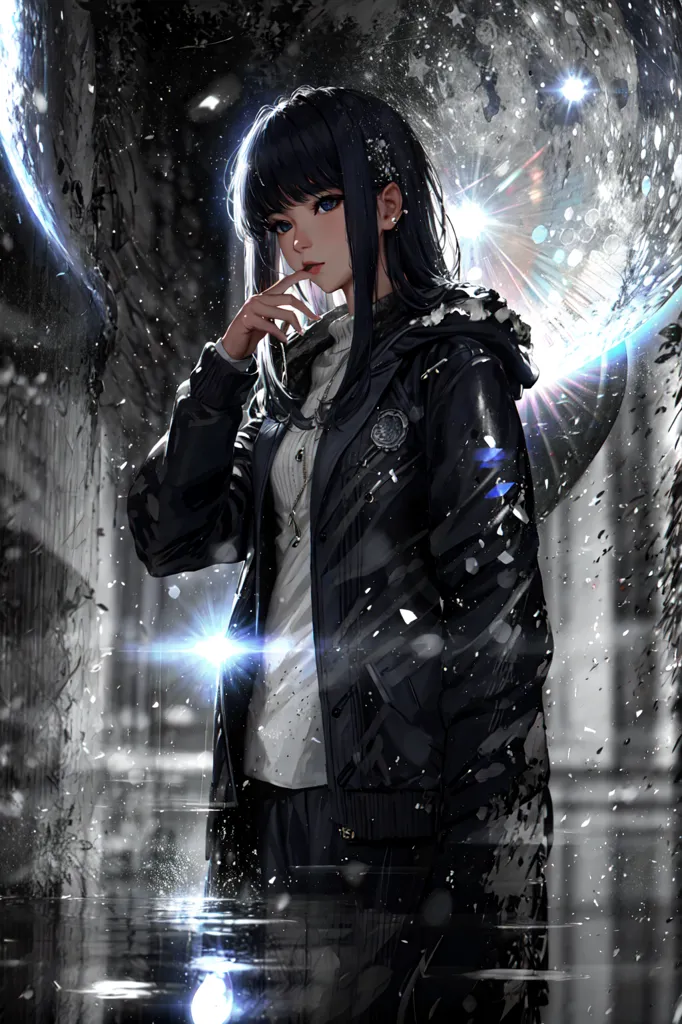 The image is a digital painting of a young woman standing in a dark forest. She is wearing a black jacket and a white shirt. Her long black hair is flowing in the wind. She has a finger pressed to her lips and is looking at the viewer with a serious expression. There is a bright light in the background, which is casting shadows over the woman. The ground is covered in water, reflecting the light from the sky.