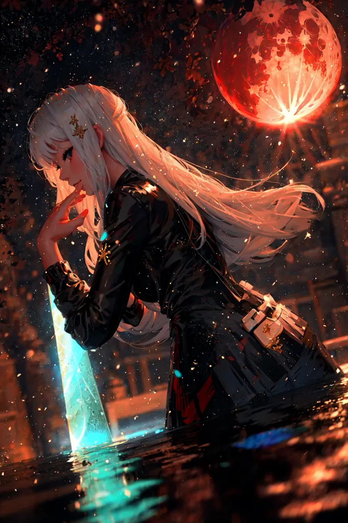 La imagen es una pintura de una hermosa chica de anime con el cabello blanco largo. Ella está usando un vestido negro con un cuello blanco. Ella está parada en un lugar oscuro con una luna roja en el fondo. La chica mira al espectador con una expresión seria. Ella está sosteniendo una espada en su mano derecha. La espada está brillando de color azul. La chica está parada en un charco de agua. El agua está reflejando la luz de la luna.