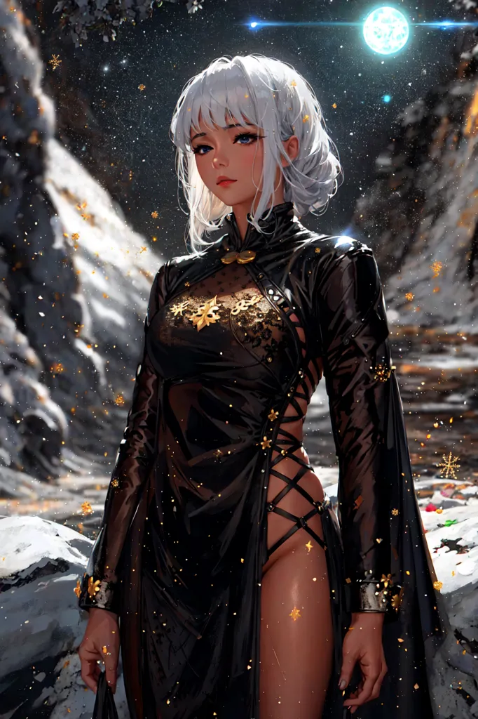 La imagen es una pintura de una hermosa mujer con el cabello blanco largo y ojos azules. Ella está usando un cheongsam negro con intrincados detalles en oro y plata. El cheongsam tiene un cuello alto y una larga abertura a un lado, exponiendo su pierna derecha. También está usando un par de tacones altos negros. La mujer está de pie en un bosque nevado y hay una luna llena en el fondo. La nieve cae con fuerza y el cabello y la ropa de la mujer están cubiertos de copos de nieve. La expresión de la mujer es de serena calma y parece estar disfrutando de la nieve.