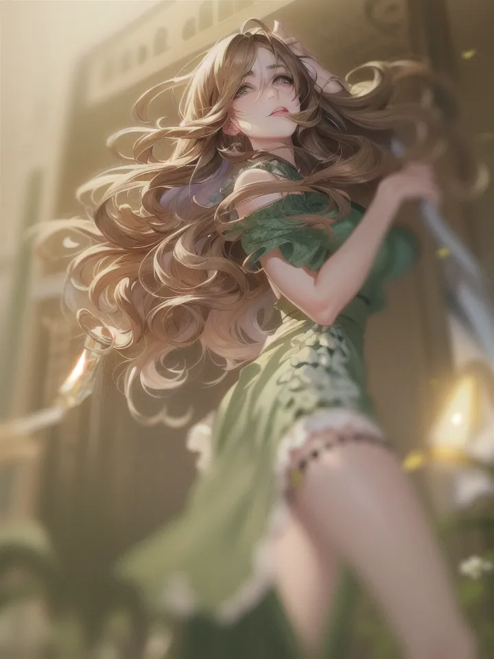 La imagen es una pintura de una hermosa mujer con cabello largo y ondulado de color marrón. Ella está usando un vestido verde con un camisol blanco. La mujer está de pie en un bosque y está rodeada de flores. Tiene una expresión serena en su rostro y parece estar disfrutando de la belleza de la naturaleza. La pintura está hecha en un estilo realista y el artista ha prestado mucha atención a los detalles. El cabello de la mujer está particularmente bien representado, y los colores de la pintura son vibrantes y realistas.