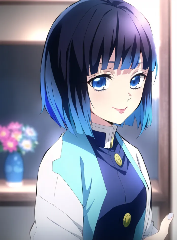 The image shows a young girl with blue hair and blue eyes. She is wearing a white and blue kimono with a yellow button. The girl has a gentle smile on her face and is looking at the viewer. She is standing in a room with a vase of flowers behind her.