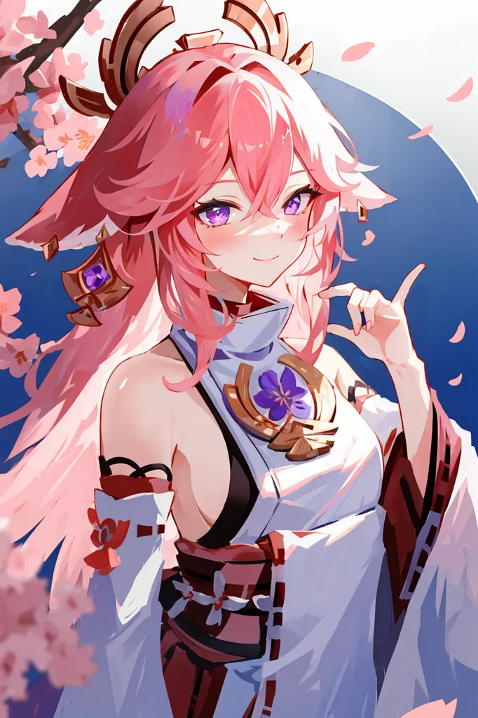 The image is of a young woman with pink hair and purple eyes. She is wearing a white and pink kimono with a purple obi. She has a fox mask on her head and is holding a fan in her right hand. She is standing in front of a white background with a pink gradient at the bottom. There are also some pink cherry blossoms in the background. The image is drawn in an anime style.