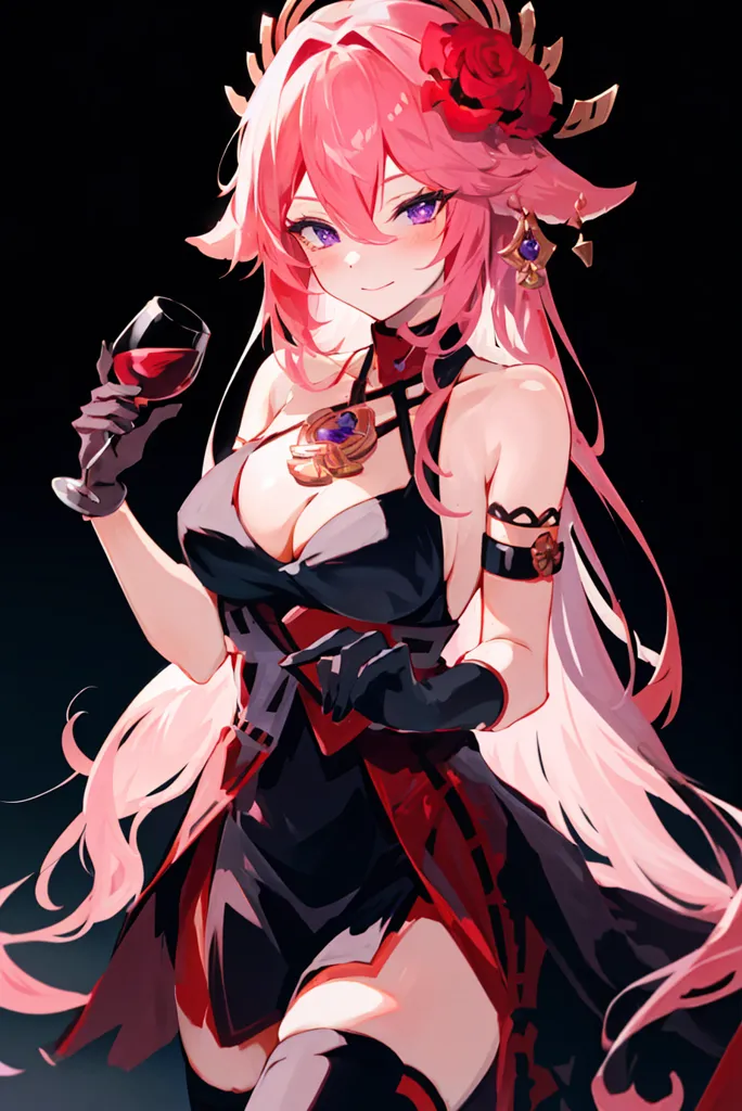 The image is of a beautiful woman with pink hair and purple eyes. She is wearing a black and red dress with a rose on her head. She is holding a glass of red wine in her right hand and is smiling at the viewer. She is sitting on a bar stool. There is a dark background behind her.