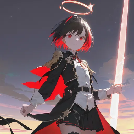 Esta imagen muestra a una chica de estilo anime con el cabello corto y negro y ojos rojos. Lleva un uniforme militar negro con acentos rojos y una camisa blanca. También tiene un halo rojo sobre la cabeza y sostiene una gran espada blanca. Está de pie en un paisaje oscuro y nublado con una luz brillante en el fondo.