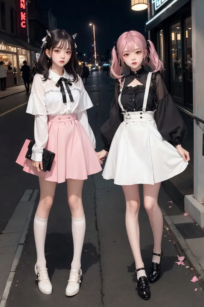 The image shows two young women dressed in cute and stylish outfits. They are standing on a city street at night. The woman on the left has long black hair and is wearing a white blouse, pink skirt, and black shoes. She is also carrying a black purse. The woman on the right has short pink hair and is wearing a black blouse, white skirt, and black shoes. She is also wearing a pair of suspenders. Both women are wearing white socks and cute black shoes. They are both looking at the camera and smiling. The background of the image is blurred, but it looks like there are people walking on the street and there are some buildings in the distance.