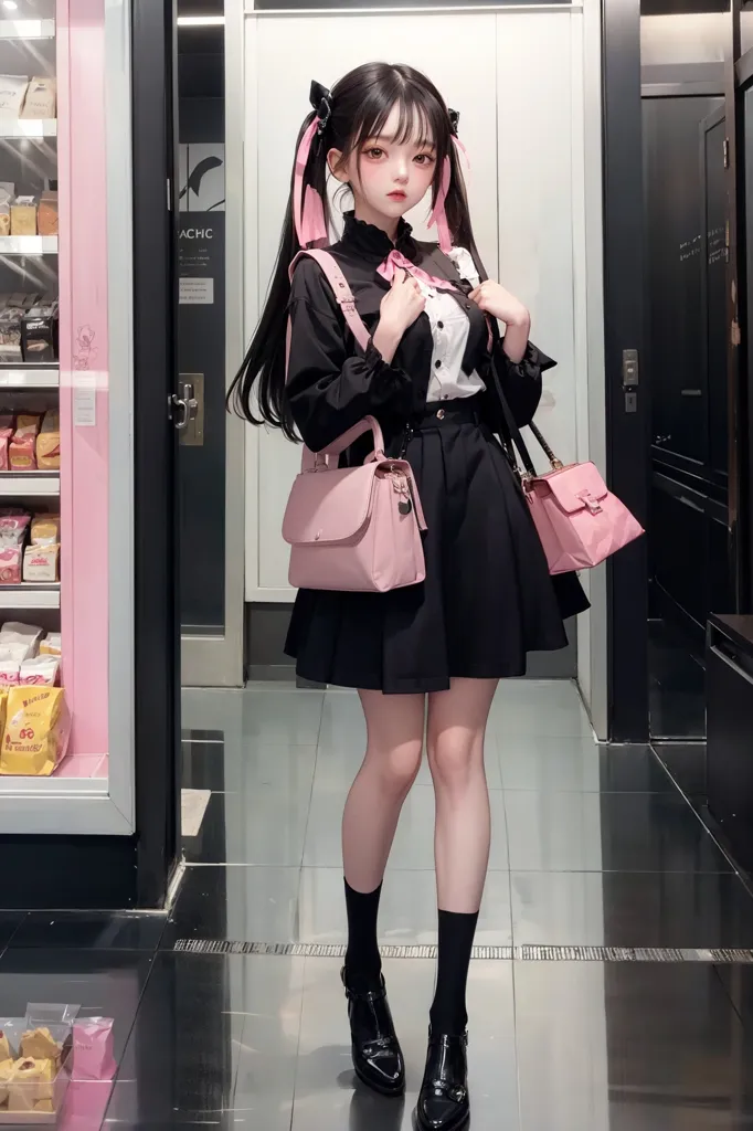 The image shows a young woman standing in a hallway. She has long black hair tied in twin ponytails, and is wearing a black skirt, a white blouse, and a black jacket with a pink bow. She is also wearing black socks and pink shoes, and is carrying two pink handbags. The background of the image is a blur of pink and white.