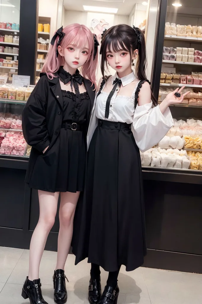 The image shows two young women standing in front of a bakery. They are both wearing black and white outfits. The woman on the left has pink hair and is wearing a black blazer, a white blouse, and a black skirt. She is also wearing black boots. The woman on the right has black hair and is wearing a white blouse, a black pinafore dress, and a black belt. She is also wearing black boots. Both women are wearing small black bows in their hair.