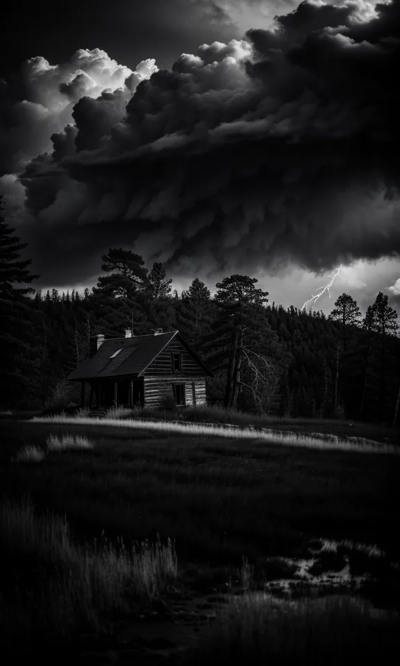 Une photo en noir et blanc d'une cabane dans un champ pendant un orage. La cabane est petite et en bois. L'orage fait rage et la foudre frappe près de la cabane. Les arbres en arrière-plan sont grands et dénudés. Le champ est sombre et vide. L'ambiance de la photo est sombre et menaçante.