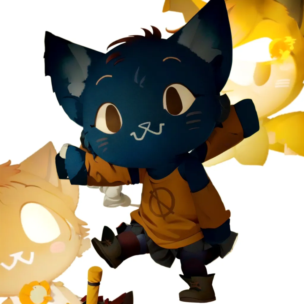 This is an image of a blue cat-like creature. It is wearing an orange shirt and brown shoes. It has a crooked smile on its face and is holding a white candle. There are two other similar creatures in the background, one yellow and one white. The background is white and there are some yellow and orange shapes in the background as well.