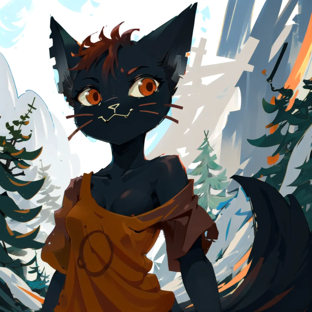 This is an image of a cartoon cat-girl. She has black fur, orange eyes, and a pink nose. She is wearing an orange shirt. She is standing in a snowy forest. There are tall pine trees all around her. In the background, there is a large mountain covered in snow. The sky is light blue, and there are some clouds in the sky.