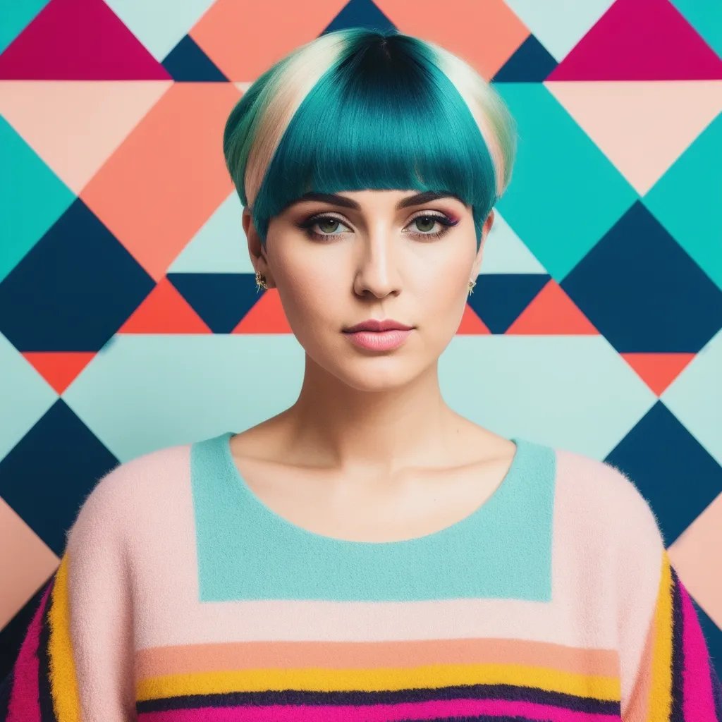 The image shows a young woman with short blue and white hair. The blue part of her hair is at the top of her head and the white part is at the bottom. She has dark eyebrows and light blue eyes. She is wearing a pink, blue, and yellow striped sweater. The background is a multicolored geometric pattern.