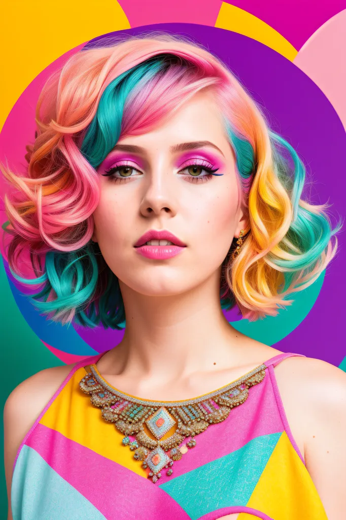 The image shows a young woman with a bright and colorful appearance. She has short, wavy hair that is a mixture of pink, blue, and yellow. The hair is styled with face-framing curls and a middle part. The woman's eyes are a light brown color and she is wearing dark eyeliner and pink eyeshadow. Her lips are a glossy pink color and she has a light pink blush on her cheeks. She is wearing a colorful necklace and a pink and yellow dress. The background of the image is a bright yellow color.