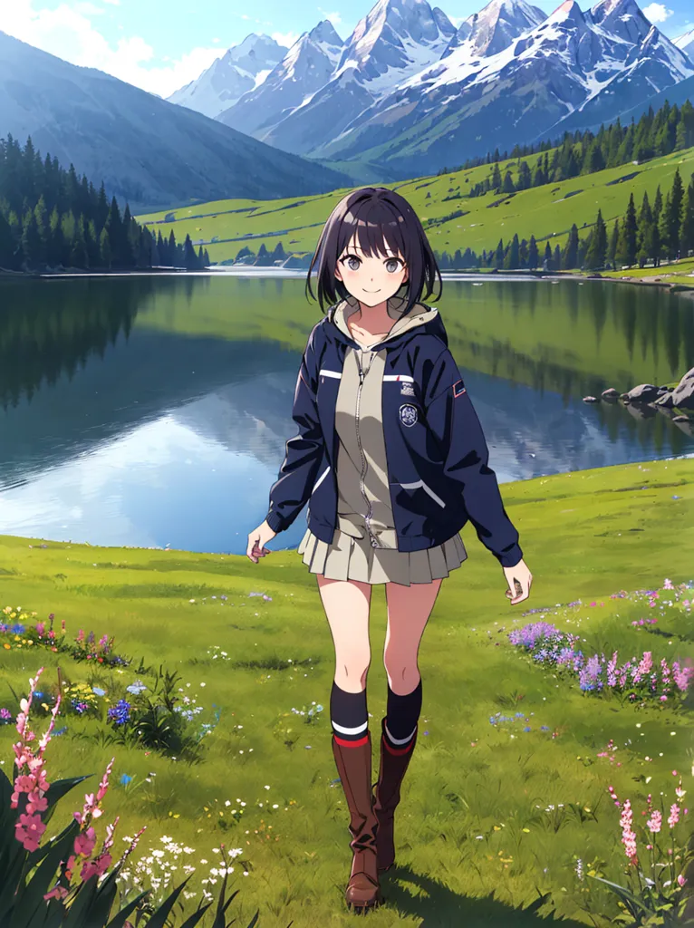 This is an image of a young girl with short black hair and brown eyes. She is wearing a blue and gray zip-up jacket, a gray skirt, and brown boots. She is standing in a field of flowers with a lake and mountains in the background. The sky is blue and there are some clouds in the distance.