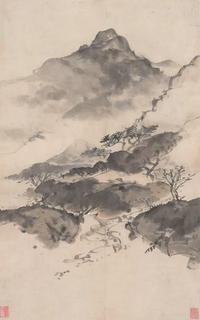 The image is a Chinese landscape painting in the style of the late Song or early Yuan dynasty. It is a vertical scroll, and the main feature is a large mountain in the center of the composition. The mountain is surrounded by smaller hills and trees, and there is a river running through the foreground. The painting is done in a realistic style, and the artist has used a variety of brushstrokes to create the different textures of the mountains, trees, and water. The painting is also very atmospheric, and the artist has used a variety of techniques to create the sense of depth and distance.