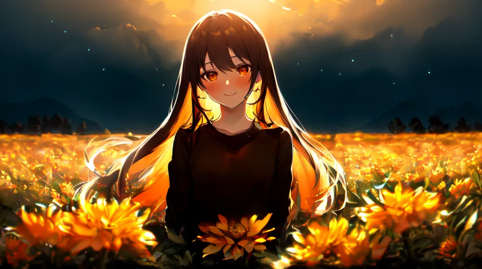 The image is a beautiful anime girl with long brown hair and orange eyes. She is standing in a field of sunflowers, smiling happily. The sun is setting in the background, casting a warm glow over the scene. The girl is wearing a black shirt. The sunflowers are tall and bright yellow. The sky is dark blue and there are some stars in the sky.