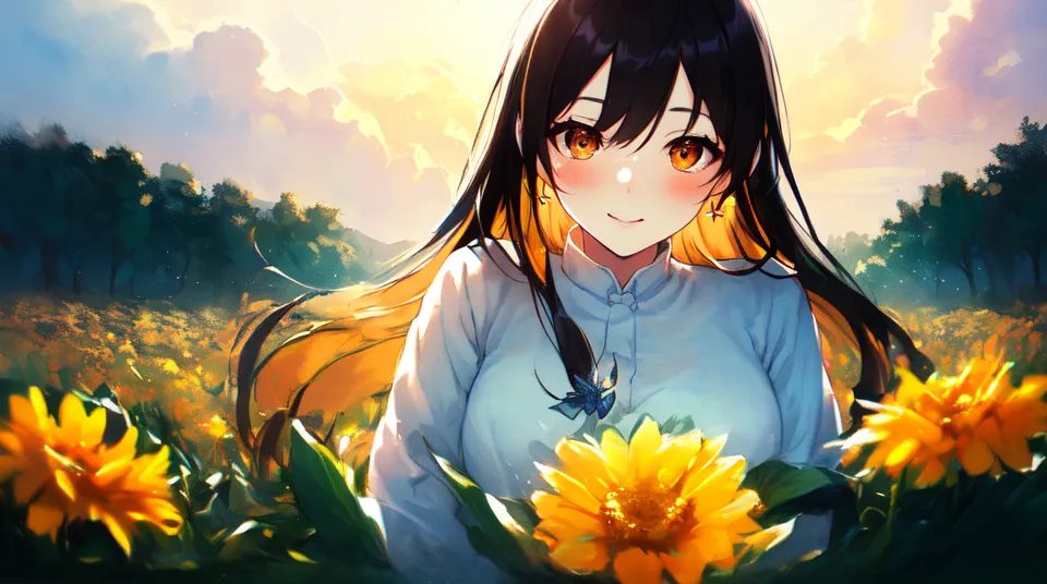 The image is a painting of a young woman standing in a field of sunflowers. The woman is depicted with long, black hair, and yellow eyes. She is wearing a white shirt with a blue collar. The sunflowers are depicted in various stages of bloom, with some of them being fully open and others still being closed buds. The background of the image is a sky with a gradient of orange and yellow.