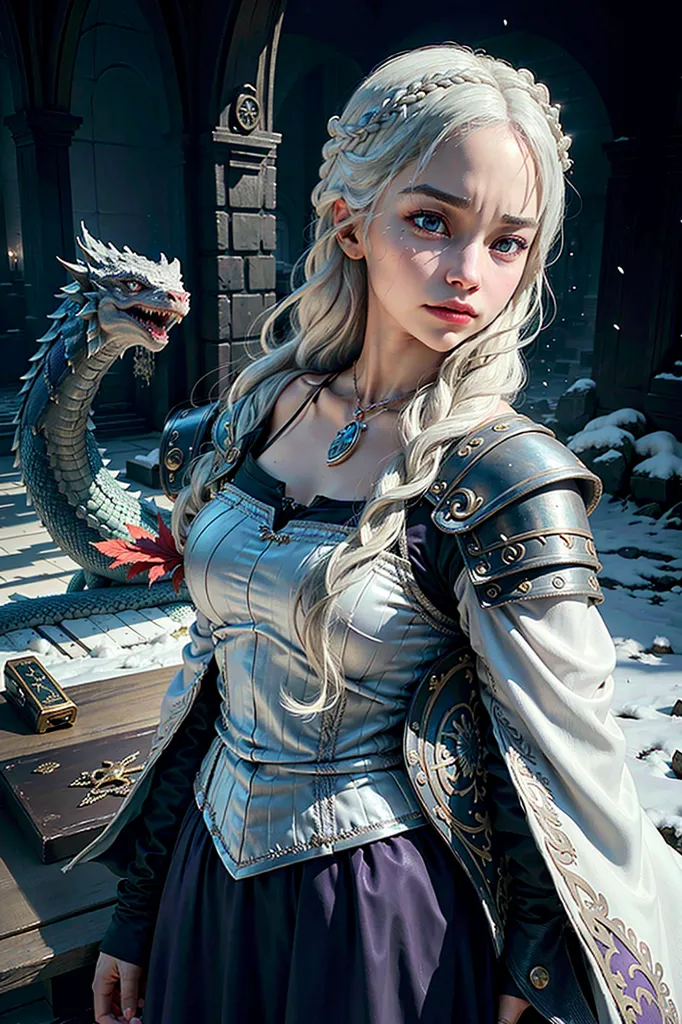 The image is of a woman with long white hair and blue eyes. She is wearing a silver and purple dress with armor on her shoulders. There is a dragon on her right side. The background is a stone wall with a large door on the left.