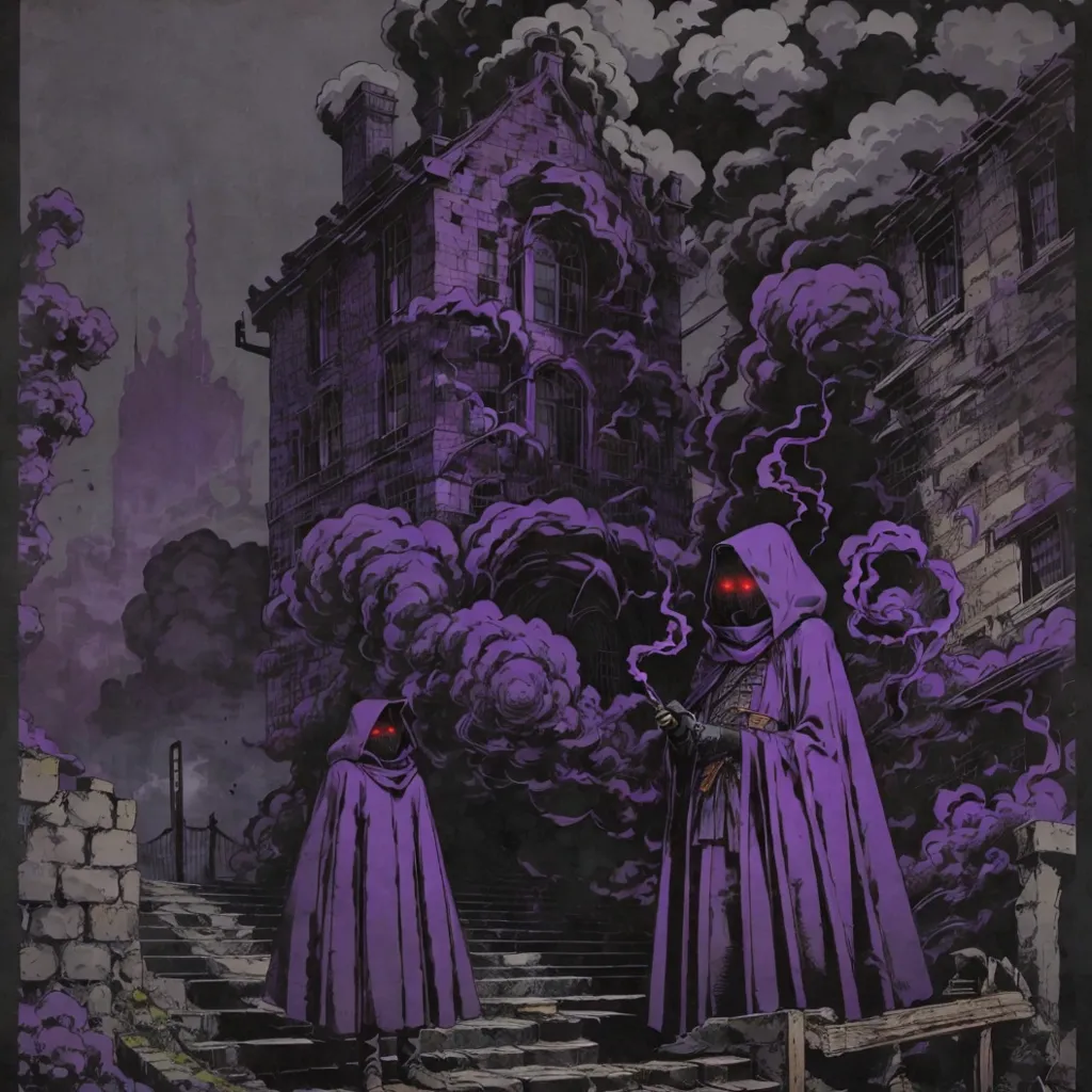 The image is of two figures in purple cloaks with red eyes standing in front of a building. The figures are surrounded by dark purple smoke. The building is made of gray stone and has a large door and several windows. The sky is dark and cloudy.