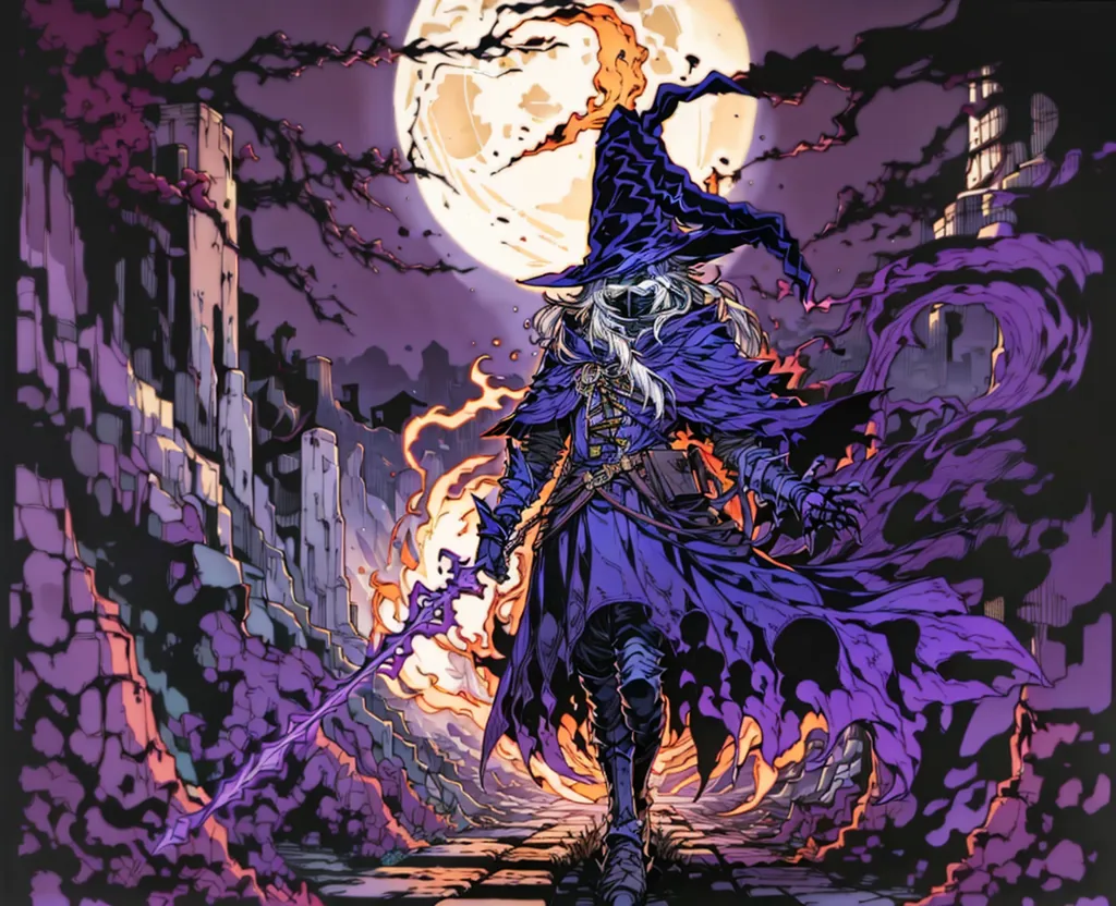 This is an image of a person in a purple robe with a large purple hat. They are walking through a ruined city, and there is a large moon in the background. The person is carrying a sword, and they are surrounded by dark energy. There are also some ruins in the background.