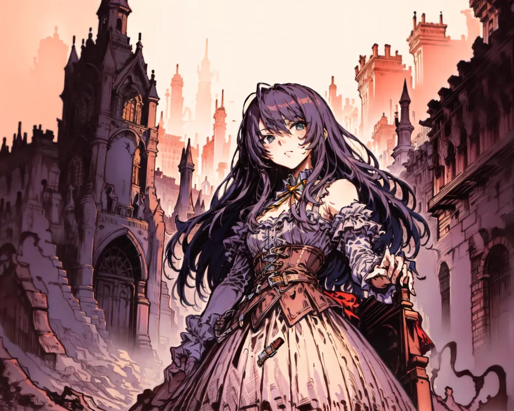 Esta es una imagen de una chica de anime con el cabello largo y morado y ojos morados. Lleva un vestido blanco con un corsé marrón y un fajín rojo. Está de pie frente a una ciudad en ruinas. La ciudad está en el fondo y es principalmente gris con algunos edificios rojos. El cielo es naranja y hay algunas nubes.