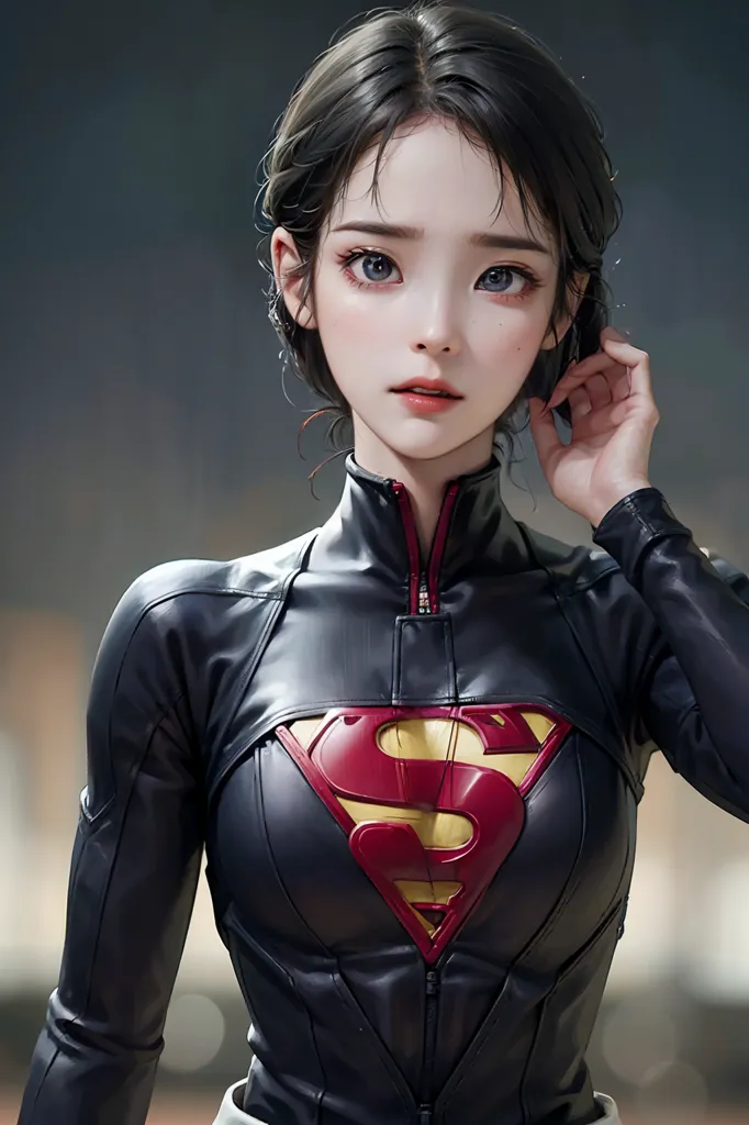 Gambar ini menunjukkan seorang wanita muda dengan rambut hitam pendek dan mata coklat muda. Dia mengenakan jaket kulit hitam dengan logo Superman berwarna merah dan kuning di dada. Jaket tersebut terbuka di kerah, memperlihatkan bodysuit hitam di bawahnya. Dia juga mengenakan gelang perak di pergelangan tangan kanannya. Wanita tersebut berdiri di ruangan gelap dengan latar belakang yang buram.